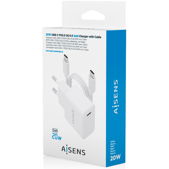 Aisens Cargador GaN USB-C 20 W con Cable USB-C de 1 m, Blanco Aisens Cargador GaN USB-C 20 W con Cable USB-C de 1 m, Blanco
